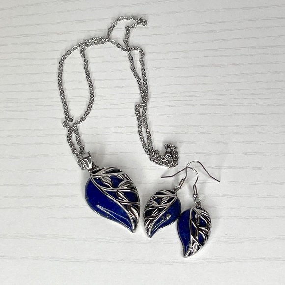 Genuine Lapis 925 Sterling Silver Over SS Leaf Necklace & Earrings Set - Picture 1 of 8